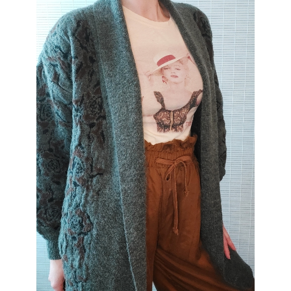 Vintage 80s 90s Oversized Open Front Cardigan Floral Sweater Coat Medium